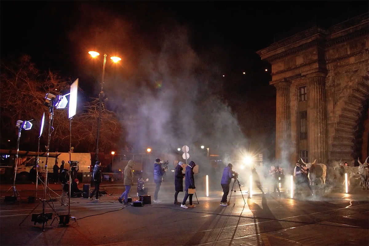 Forgatási pillanat profi filmes stábbal, operatőr munka közben, rendezői instrukciókkal és technikai felszerelésekkel egy werkfotón.